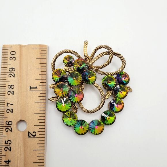 Vintage Unsigned Watermelon Heliotrope Rivoli Brooch 2" Gold Tone Rope Bow - Picture 6 of 8